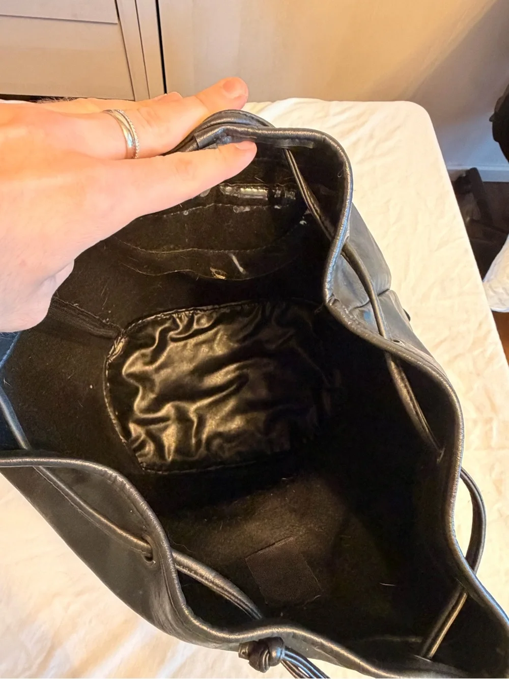 Du Monde Black Leather Cinch Top Backpack Full Size Commuter Travel